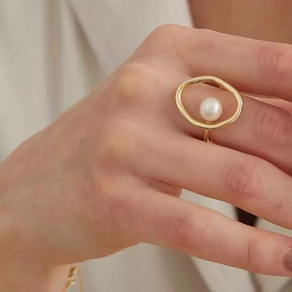 Korean Vintage Geometric Round Pearl Gold Open Ring - Picture 2 of 8